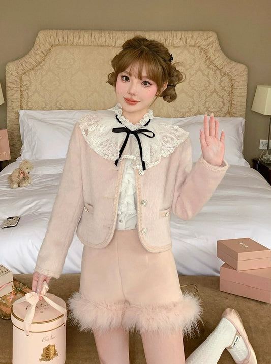 法式甜美粉色皮草短外套