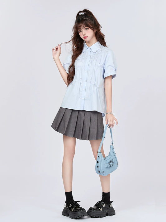 Milk Blue Pleated Design Shirt