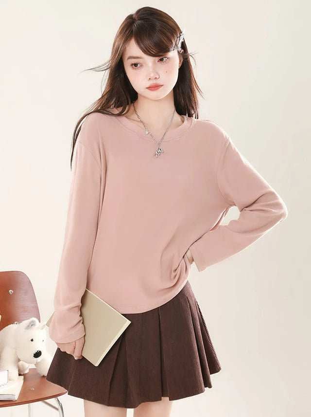 Loose Slim Colour Solid Round Neck Pullover Long T