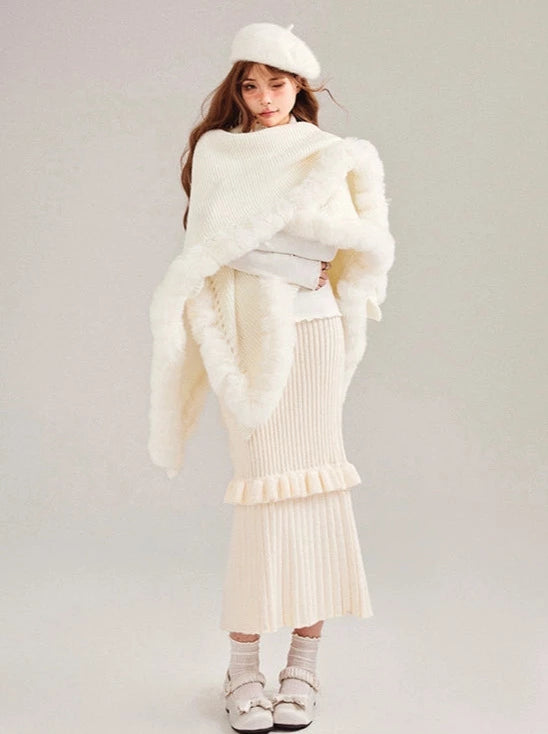 Soled Collar Shawl Knit Fur Ball Cape Jacket