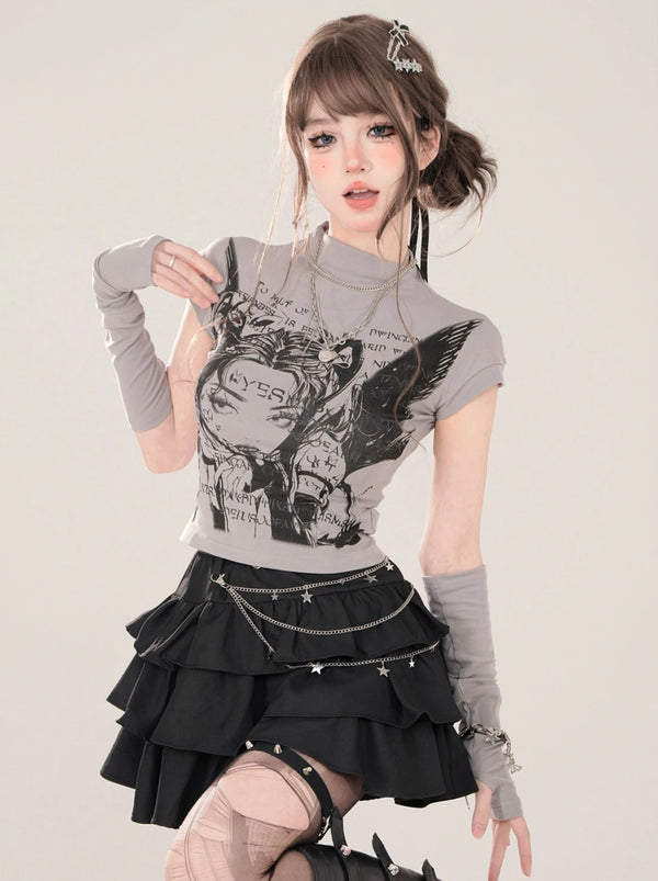 グレーイラストプリントスモールタートルネックショートTシャツ＋グローブスリーブ【予約商品】