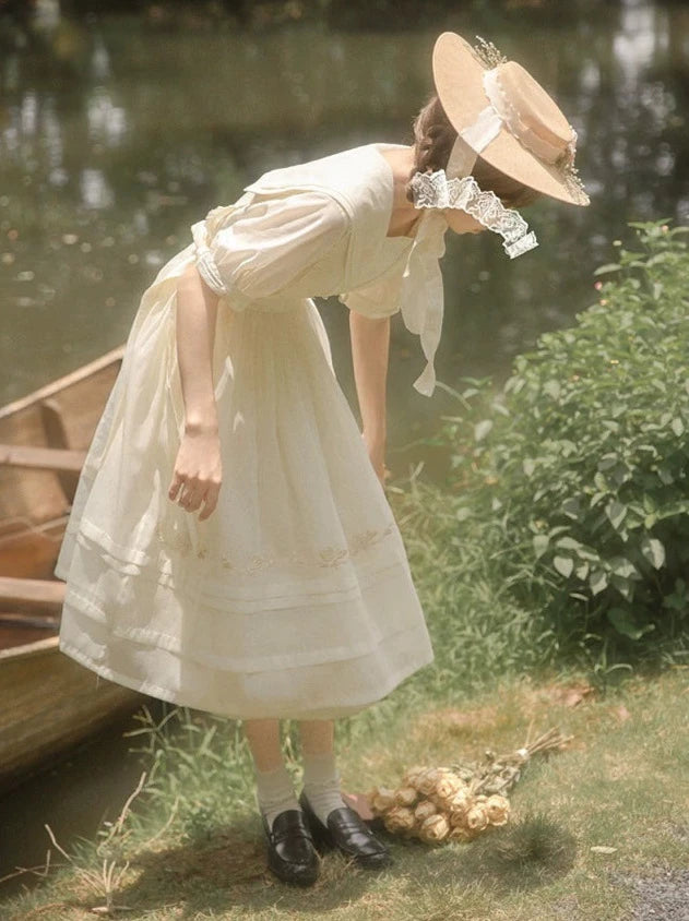 Fairy Embroidery Sailor Collar Dress + Natural Color Rose Tulle Over Skirt + Belt