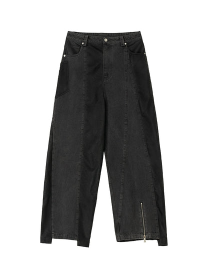 Patchwork leather denim pants