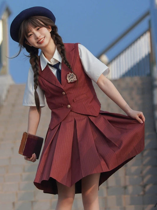 College Style Brick Red Stripe Vest + Pleated Skirt