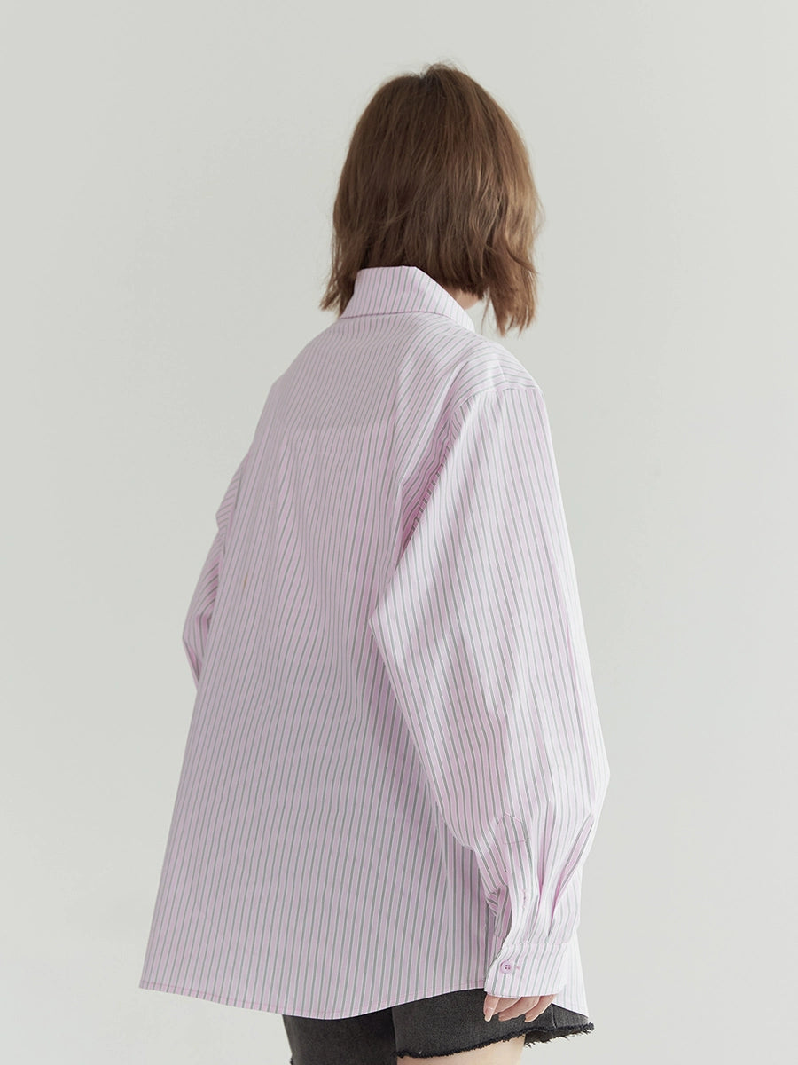 万有引力博物馆 粉色竖条纹长袖女式衬衫 2024 春季新款宽松上衣 K
