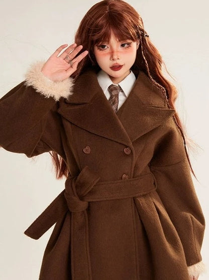 Fur Sleeve New Style Stitch Brown Wool Coat