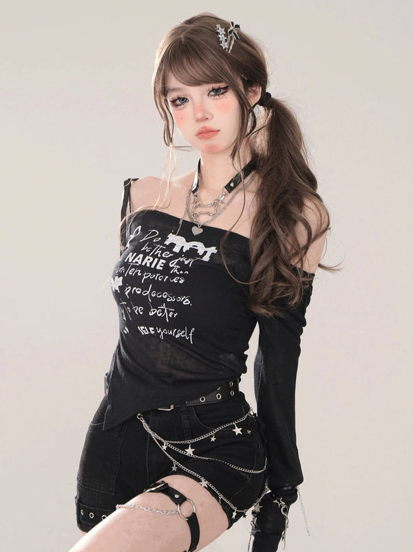 ストラップオフショルダーイレギュラースリットシアーロンT【予約商品】