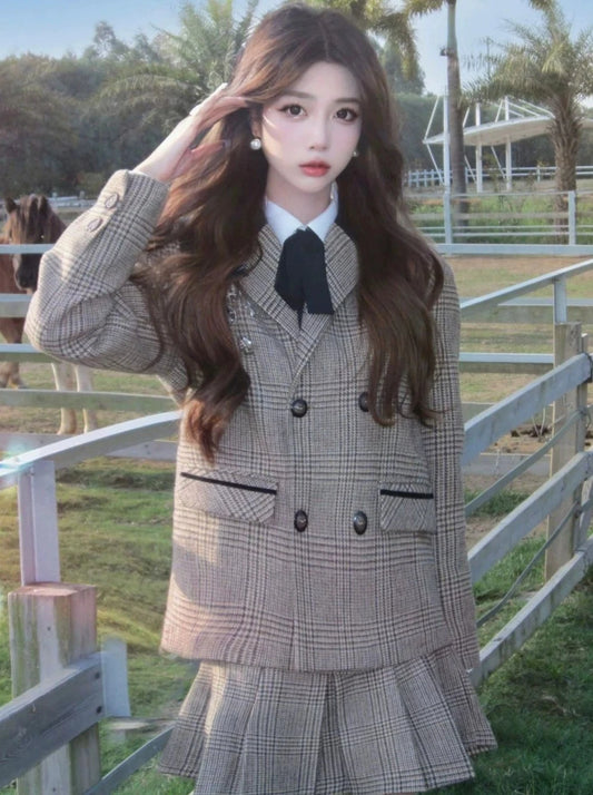 Art department girl brown houndstooth suit suit + pleated skirt
