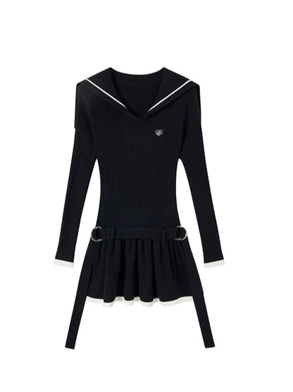 Navy Color Dark Pattern Knit Sailor Dress