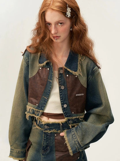 Retro-osh Leder-Patchwork-Jeansjacke + kurzer Jeansrock