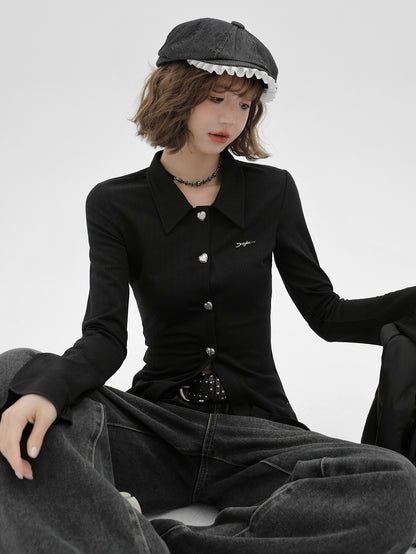 Retro Polo Collar Bell Sleeve Slim Knit Black Cardigan