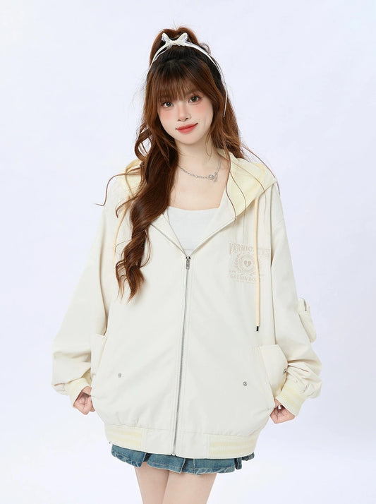 ENJOG American Casual Fake Two Piece Hooded Jacket Women's Cruise 2024 New Loose and Versatile Preppy Jacket