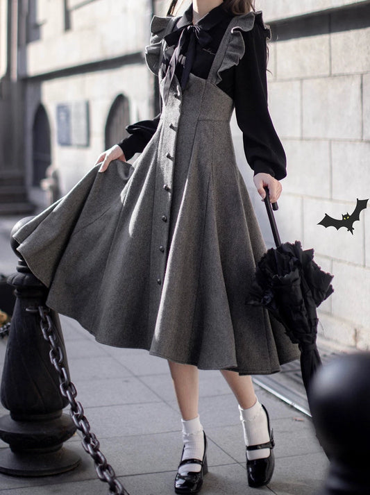 Elegant Retro Black Ribbon Volume Sleeve Shirt + Ruffle Shoulder Suspender Skirt