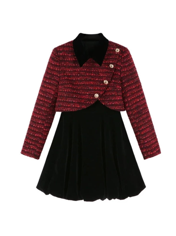 ダークレッドアシメフェイクツーピースワンピース