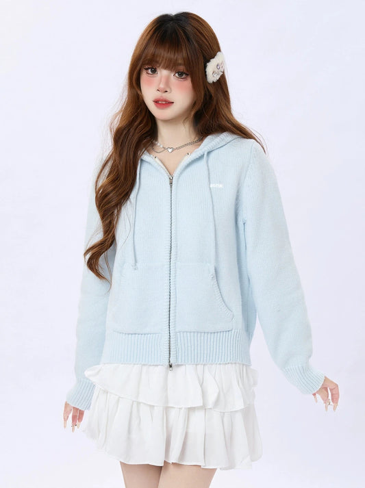 ENJOG Spring Cream Blue Cardigan Sweater Women's 2024 New Versatile Niche Hooded Little Man Knitted Jacket