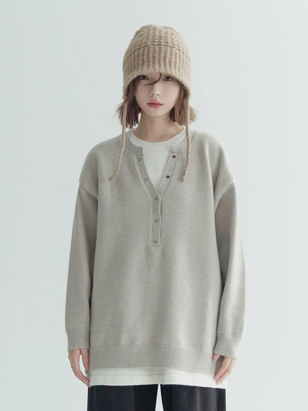 Faux Two Piece Loose Button Tops