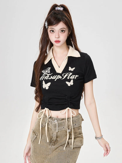 V-Neck Polo Collar Butterfly Low String Bow Short Top