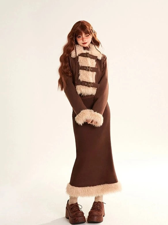 Splicing wool fur short jacket + long skirt