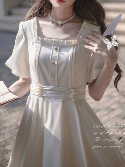 French Retro Apricot Square Collar Dress + Pearl Satin Belt [Reserved Item