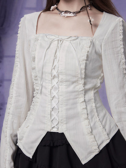 Square collar lace-up slim top