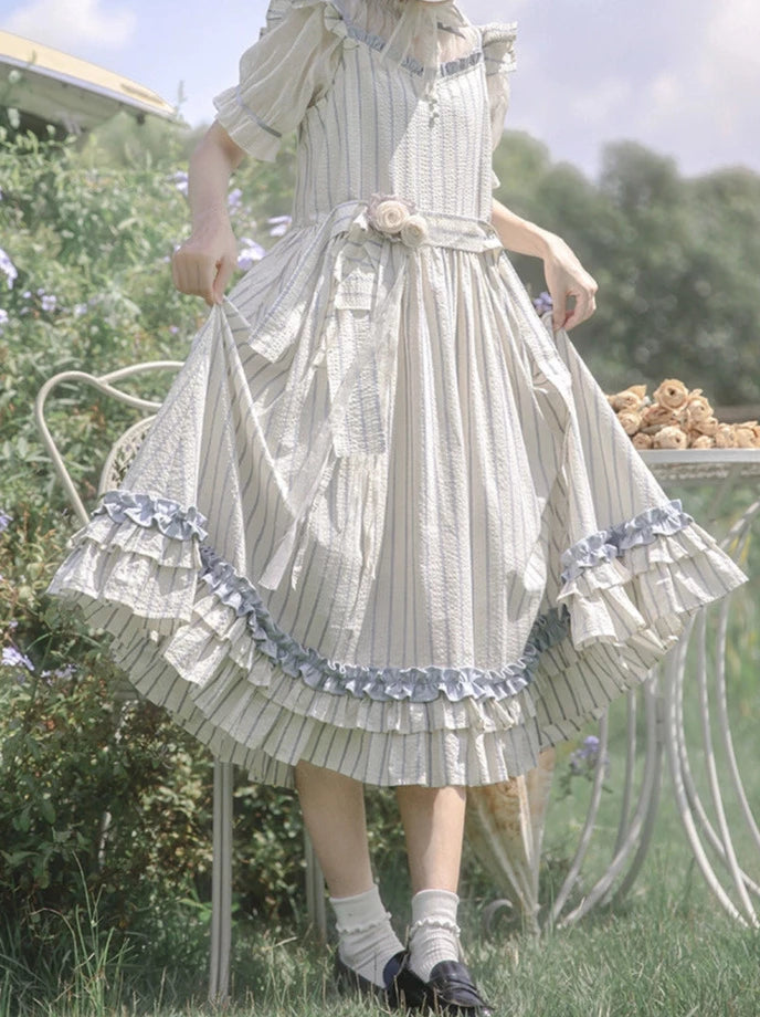 Sheer Lace Puff Sleeve Inner Shirt + Ruffled Shoulder Striped Fairy Dress + Handmade Corsage