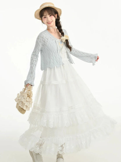 Fairy style openwork knit cardigan + camisole top + long cake skirt