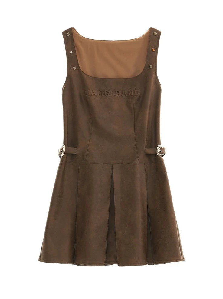 Leather Printed Letter Suspender Skirt