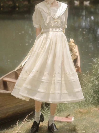 Fairy Embroidery Sailor Collar Dress + Natural Color Rose Tulle Over Skirt + Belt