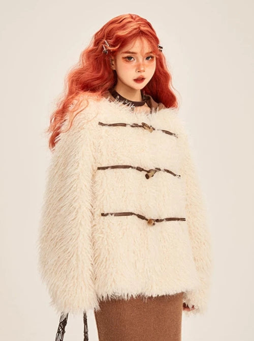 Horn Buckle White Fur Integrated Loose Short Coat