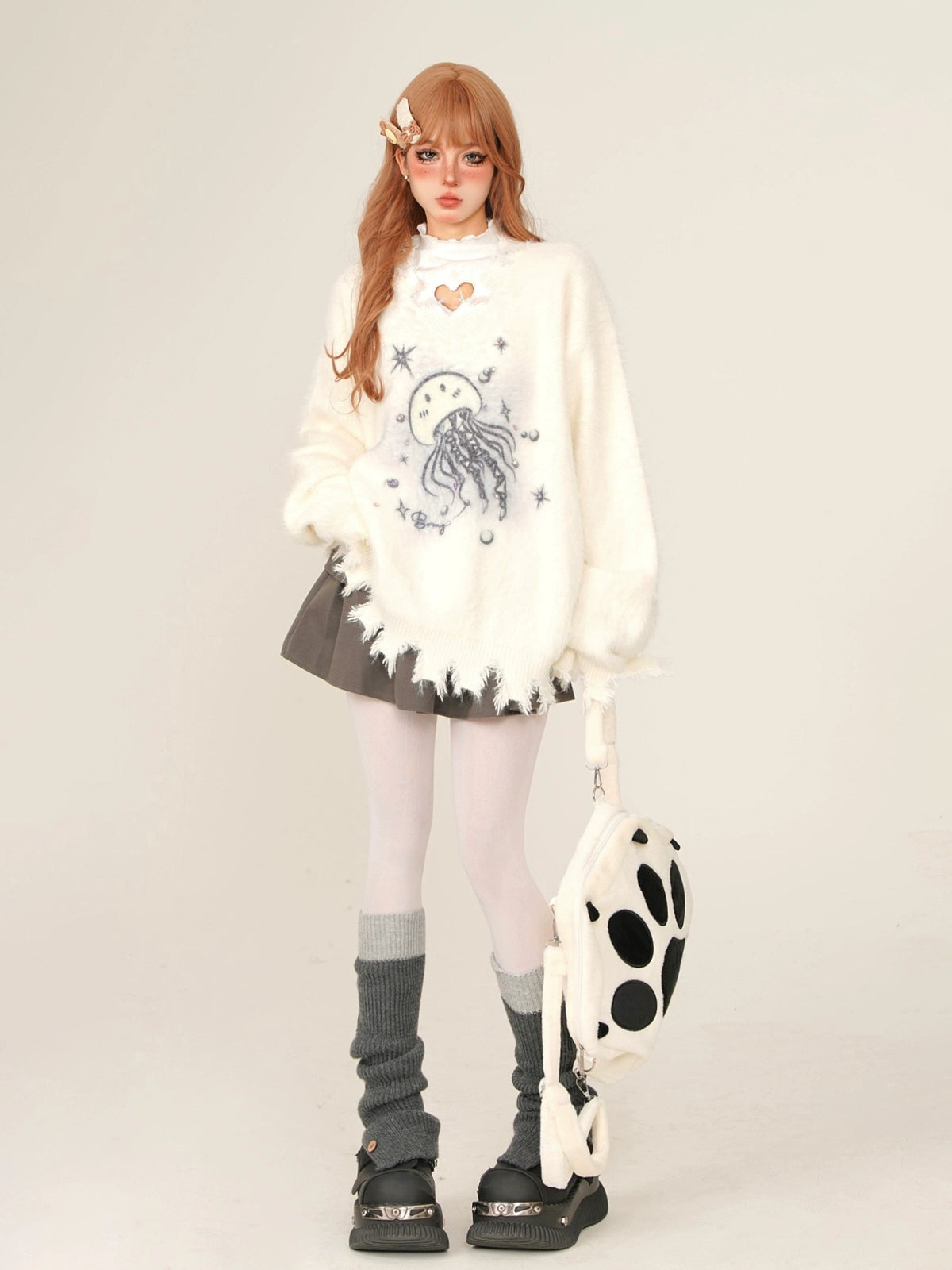 Sweet Girly Casual Style V-Neck Octopus Fur Knit