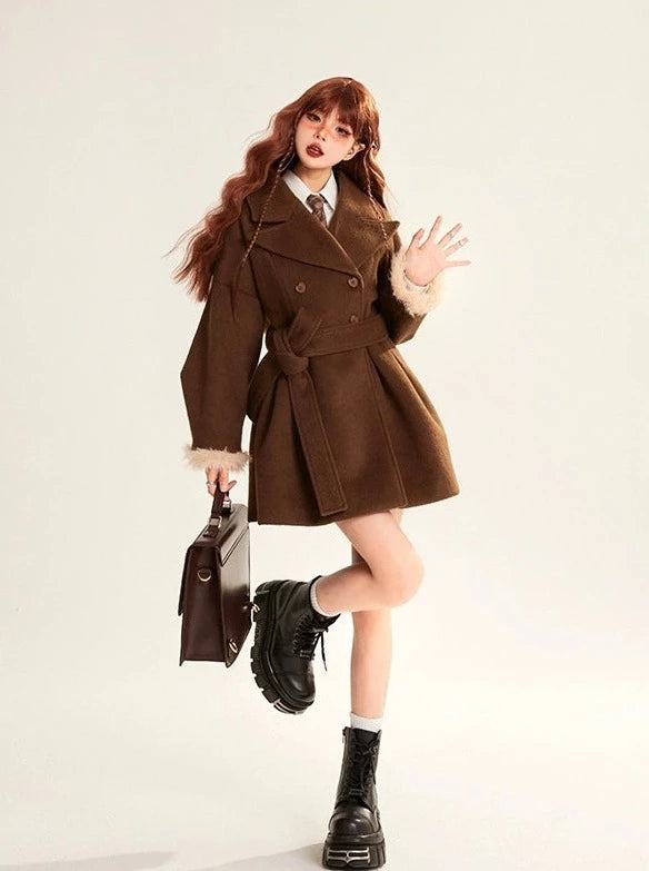 Fur Sleeve New Style Stitch Brown Wool Coat