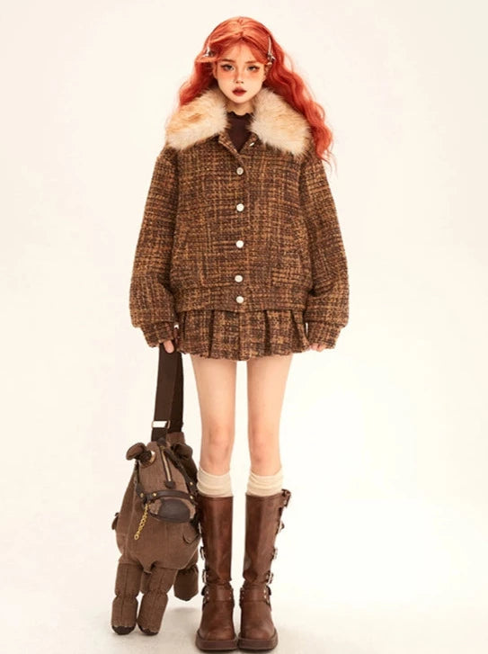 College Style Suit Fur Collar Brown Check Jacket + Pleated Skirt