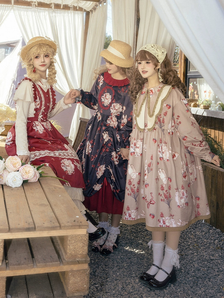 Sheep Berry Rabbit Style Design Velvet Print Ruice Dress