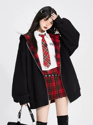 American Retro Check Loose Black Zip Hoodie