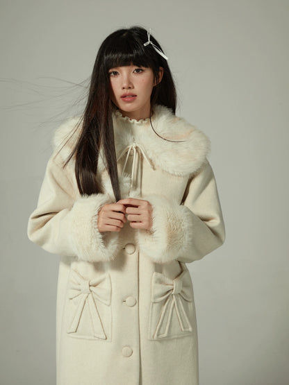 Double Ribbon Fur Ball Collar Coat