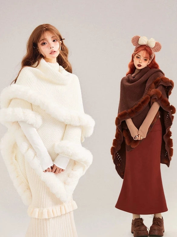 Soled Collar Shawl Knit Fur Ball Cape Jacket