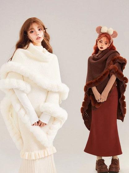 Soled Collar Shawl Knit Fur Ball Cape Jacket