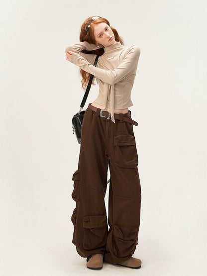 Maillard design multi-pocket wide leg pants