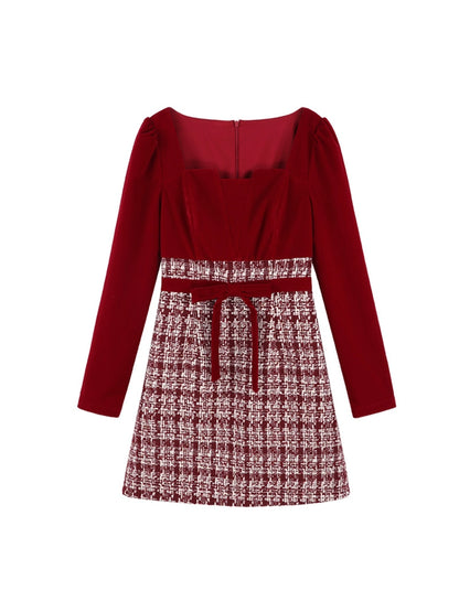 Red Check Tweed Ribbon Velour Dress