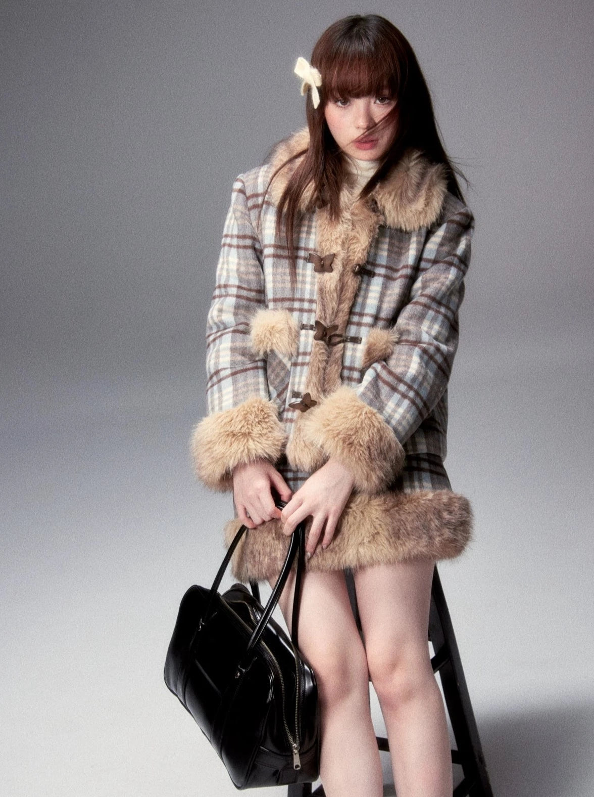 Butterfly Check Fur Short Coat + Fur Check Mini Skirt