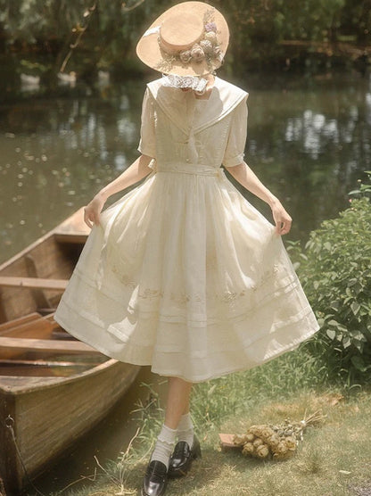 Fairy Embroidery Sailor Collar Dress + Natural Color Rose Tulle Over Skirt + Belt