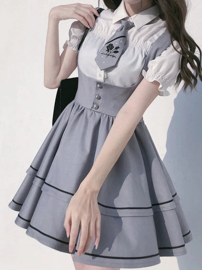 Wild Berry Cake Set puff sleeve shirt + long sleeve shirt + suspender tutu skirt + tie