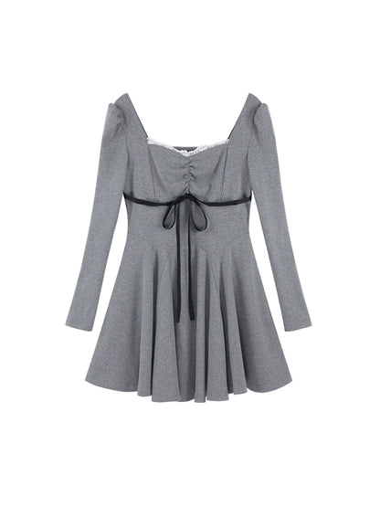 Square collar gray slim ribbon dress