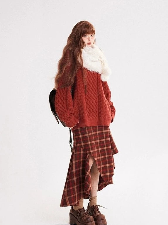 Red Check Skirt Retro Irregular Design A-Line Skirt