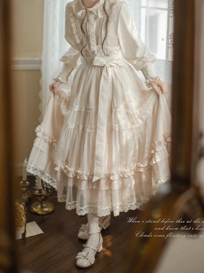 Sweet Elegant Light Lolita Frilled Shirt + Dotted Lace Sundress + Top Ribbon + Waist Ribbon [Reserved Item].