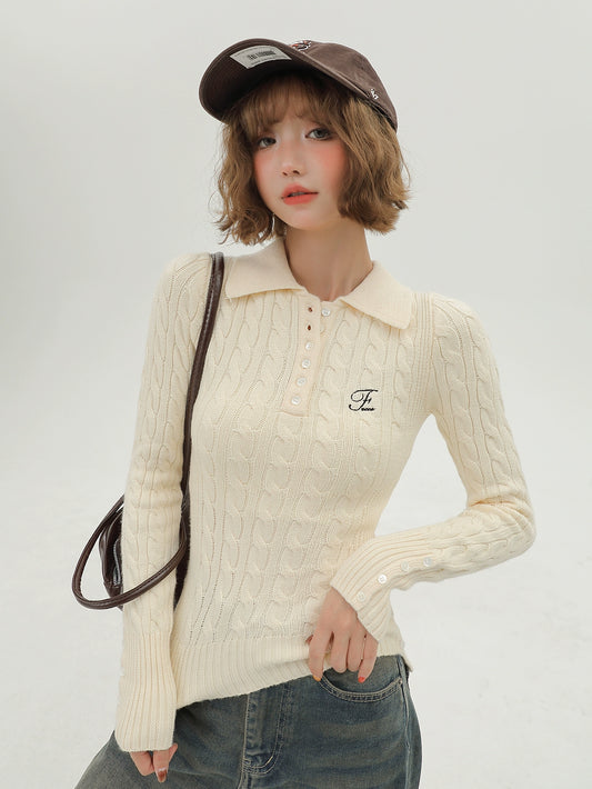 Girlyhalo American Retro Long sleeved Knitted Sweater for Women's 2023 Autumn/Winter New Soft Glutinous Polo Collar Pullover Sweater