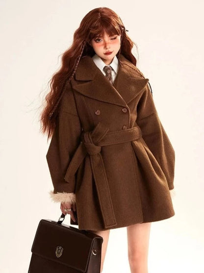 Fur Sleeve New Style Stitch Brown Wool Coat