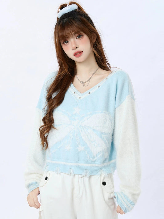ENJOG American butterfly color-block V-neck sweater women's spring and autumn new milk blue design loose cropped knit top