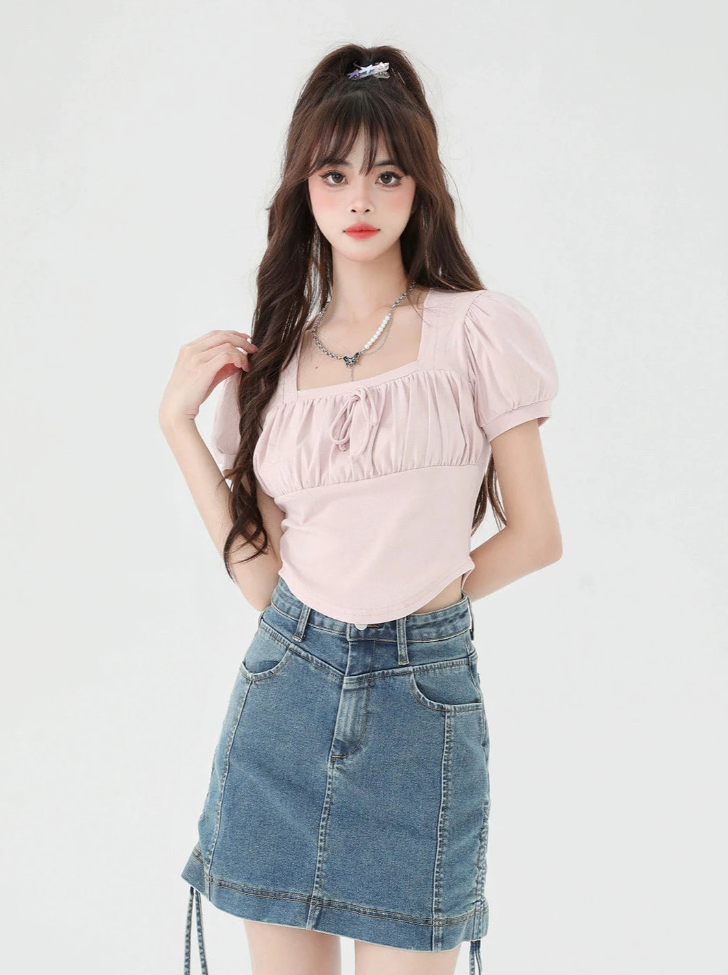 Puff Sleeve Square Neck Short Top