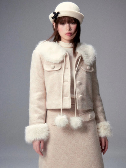 Sweet wool fur jacket + tight midriff skirt